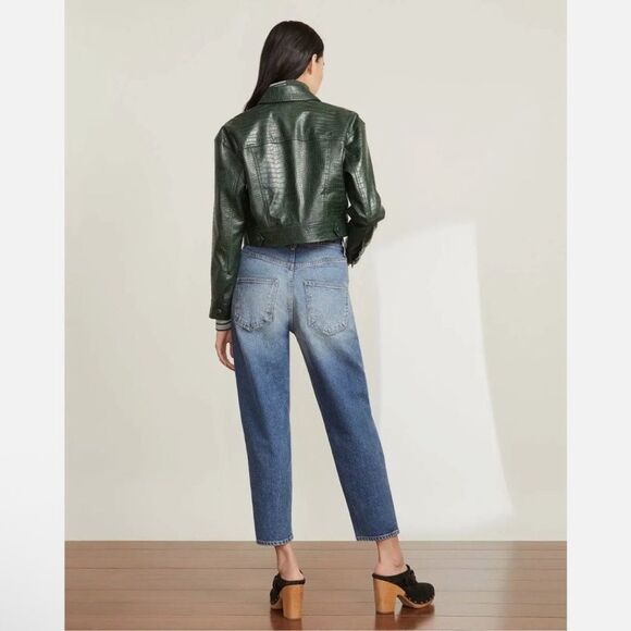 Veronica Beard Hendrix Croc Embossed Faux Leather Jacket Evergreen Green Size 2 - Picture 5 of 13